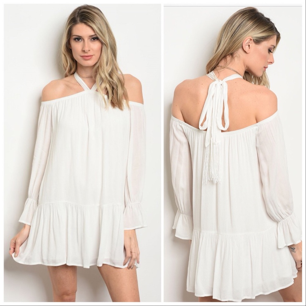 SALE! White Off the Shoulder Tie Neck Dress